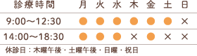 診療時間 9:00〜12:30 14:00〜18:30 休診日:木曜午後・土曜午後・日曜・祝日